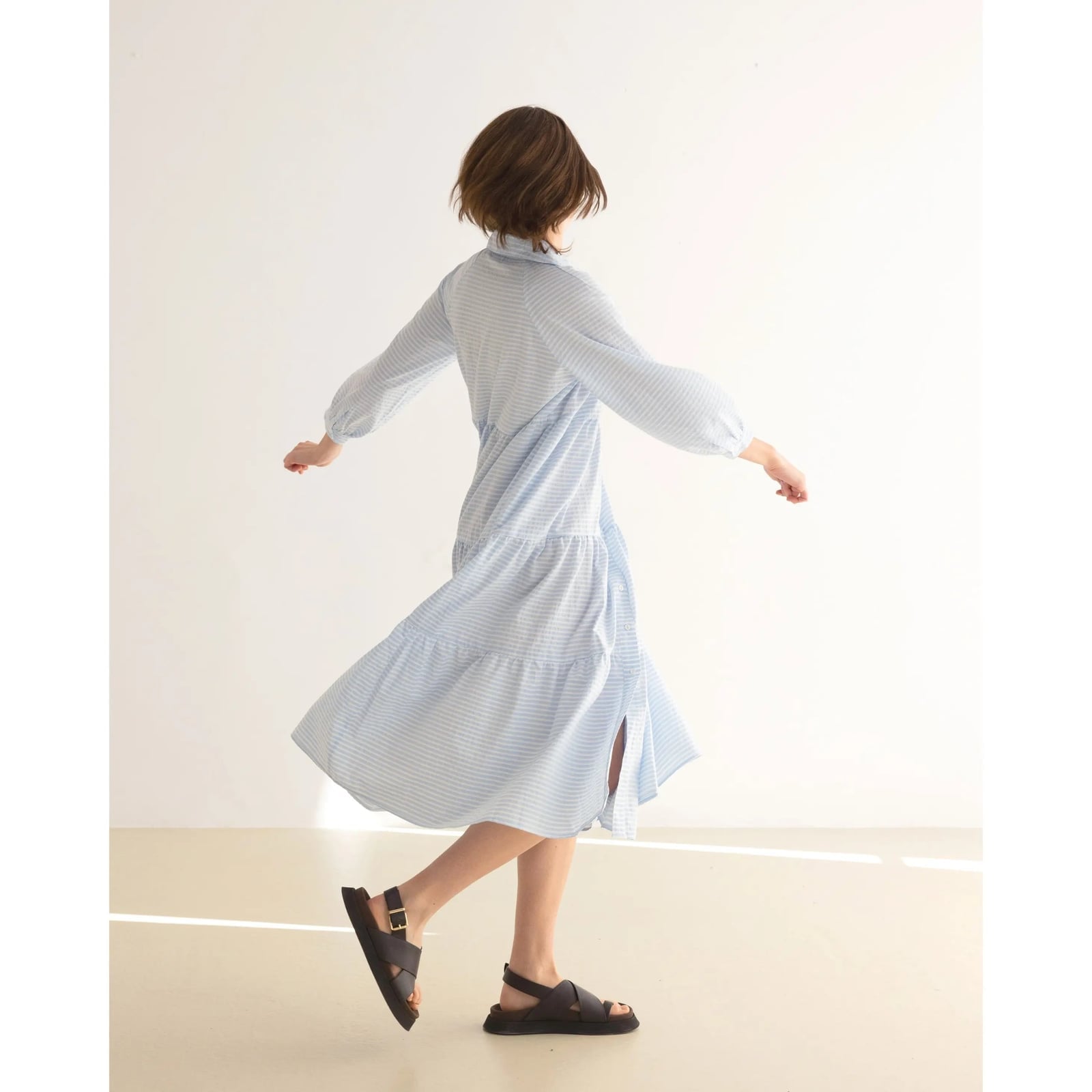 Striped Tiered Midi Shirt Dress with Dark Sandals — Classy Shirt Dress Outfits