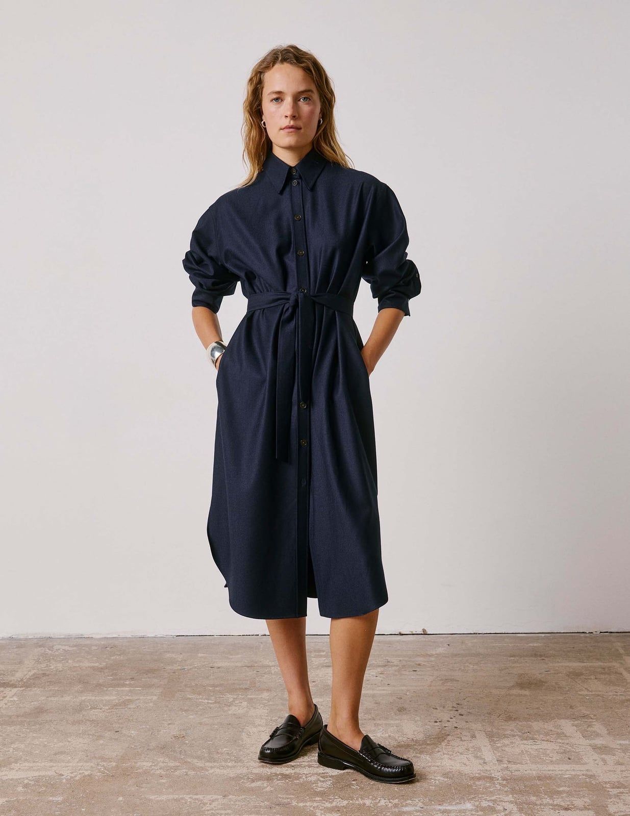 Dark Blue Denim Shirt Dress with Belted Waist and Loafers — Classy Shirt Dress Outfits