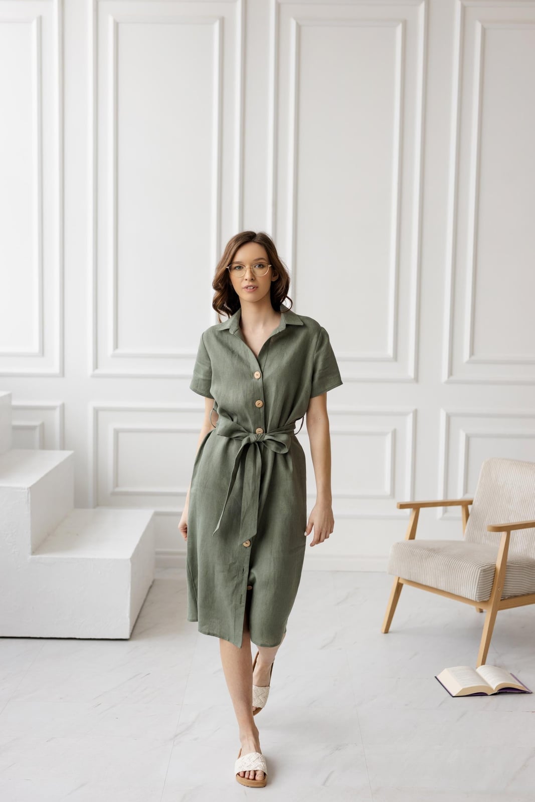 Olive Green Linen Shirt Dress with Self-Tie Belt — Classy Shirt Dress Outfits