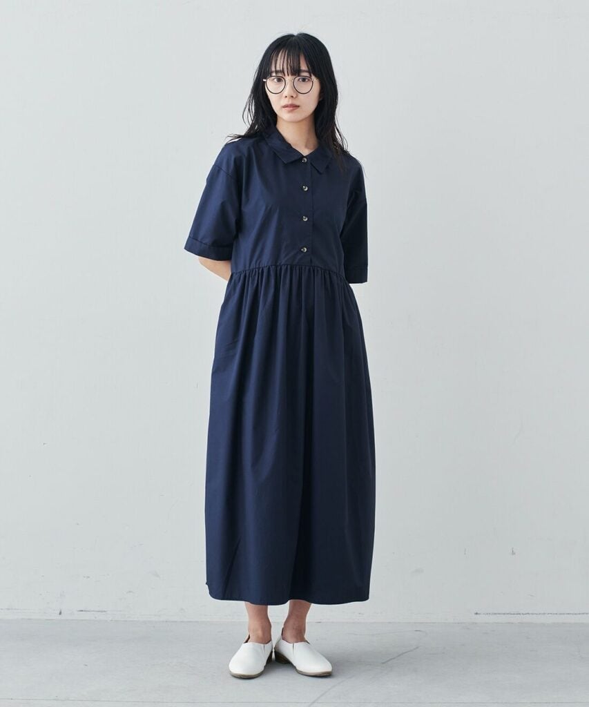 Navy Blue A-Line Maxi Shirt Dress with Gathered Waist — Classy Shirt Dress Outfits