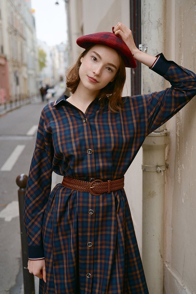 Plaid Shirt Dress with Braided Belt and Beret — Classy Shirt Dresses