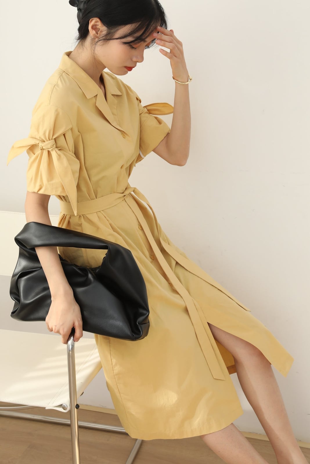 Pale Yellow Shirt Dress with Sleeve Bow Detail — Classy Shirt Dresses