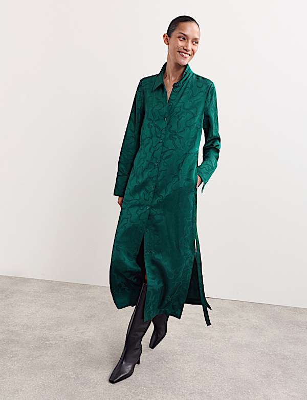 Dark Green Jacquard Shirt Dress with Side Slits — Classy Shirt Dresses