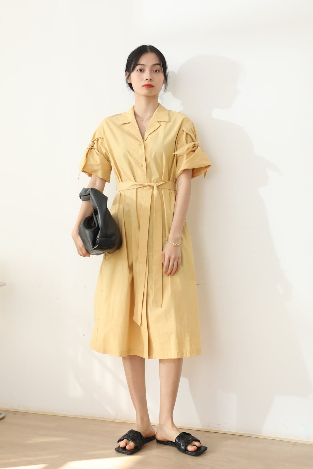 Pale Yellow Shirt Dress with Tie Belt and Tote Bag — Classy Shirt Dresses