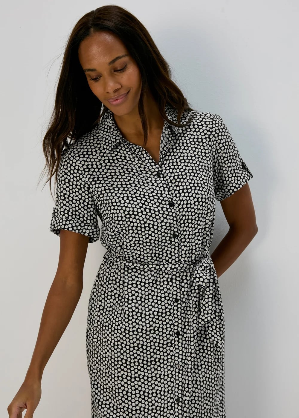 Black Floral Print Shirt Dress with Tie Belt — Classy Shirt Dresses