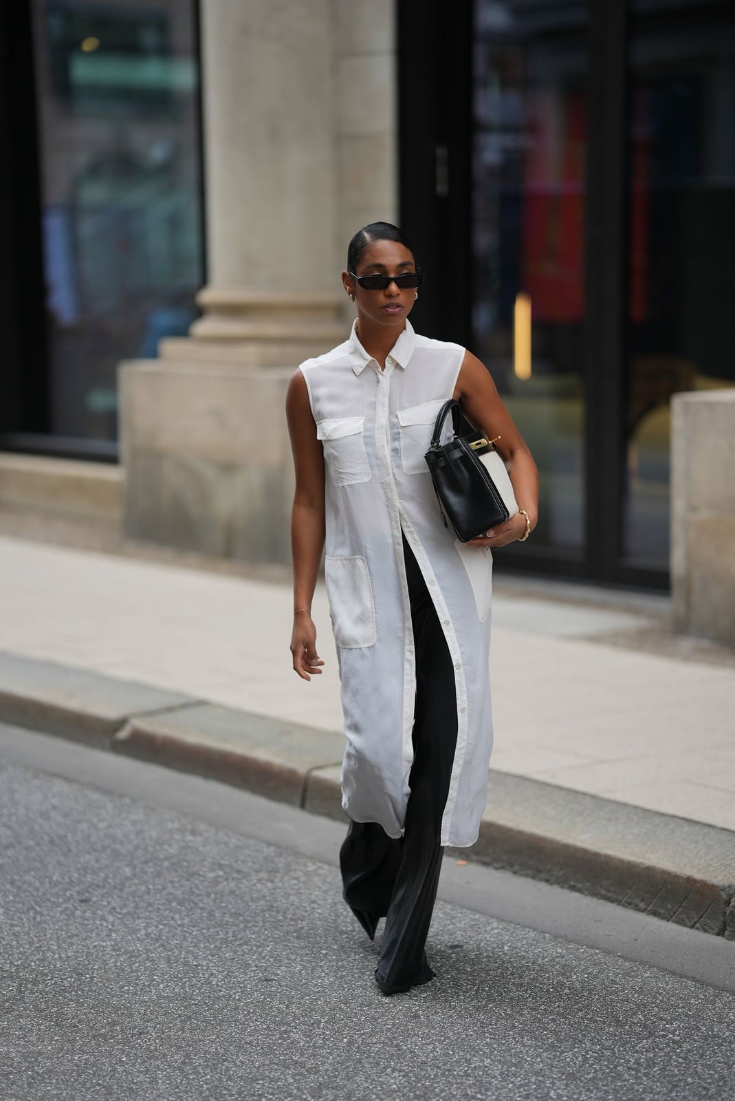 Sleeveless Shirt Dress Over Black Trousers — Classy Shirt Dresses