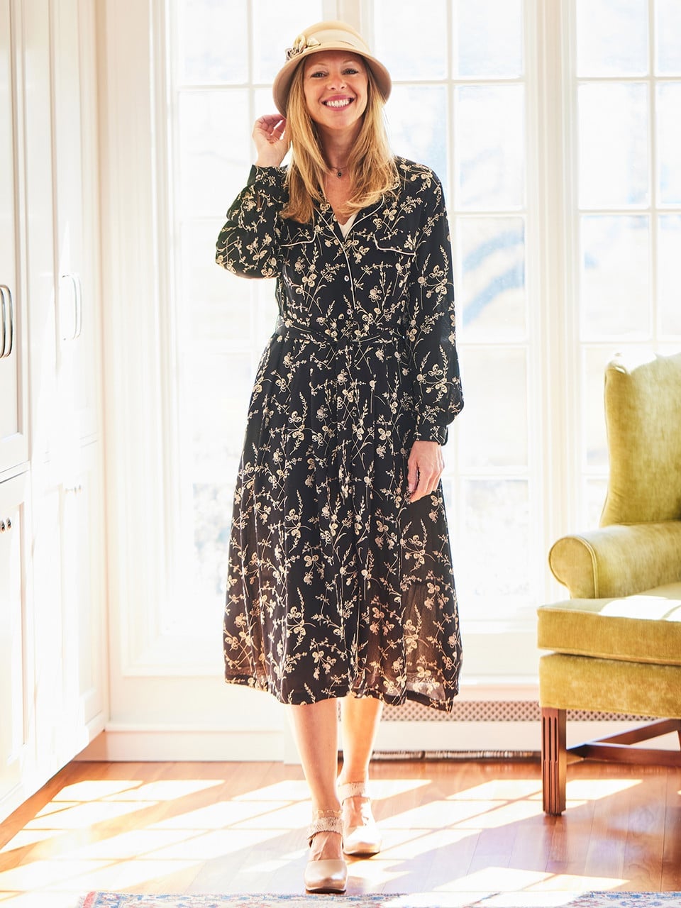 Black Floral Print Shirt Dress with Hat — Classy Shirt Dresses