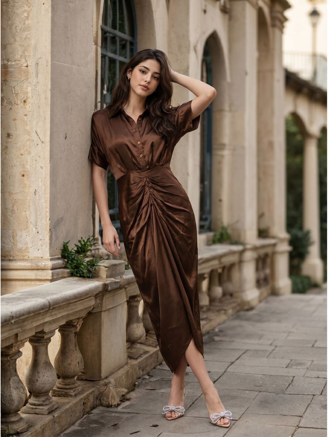 Brown Satin Shirt Dress with Ruched Effect — Classy Shirt Dresses