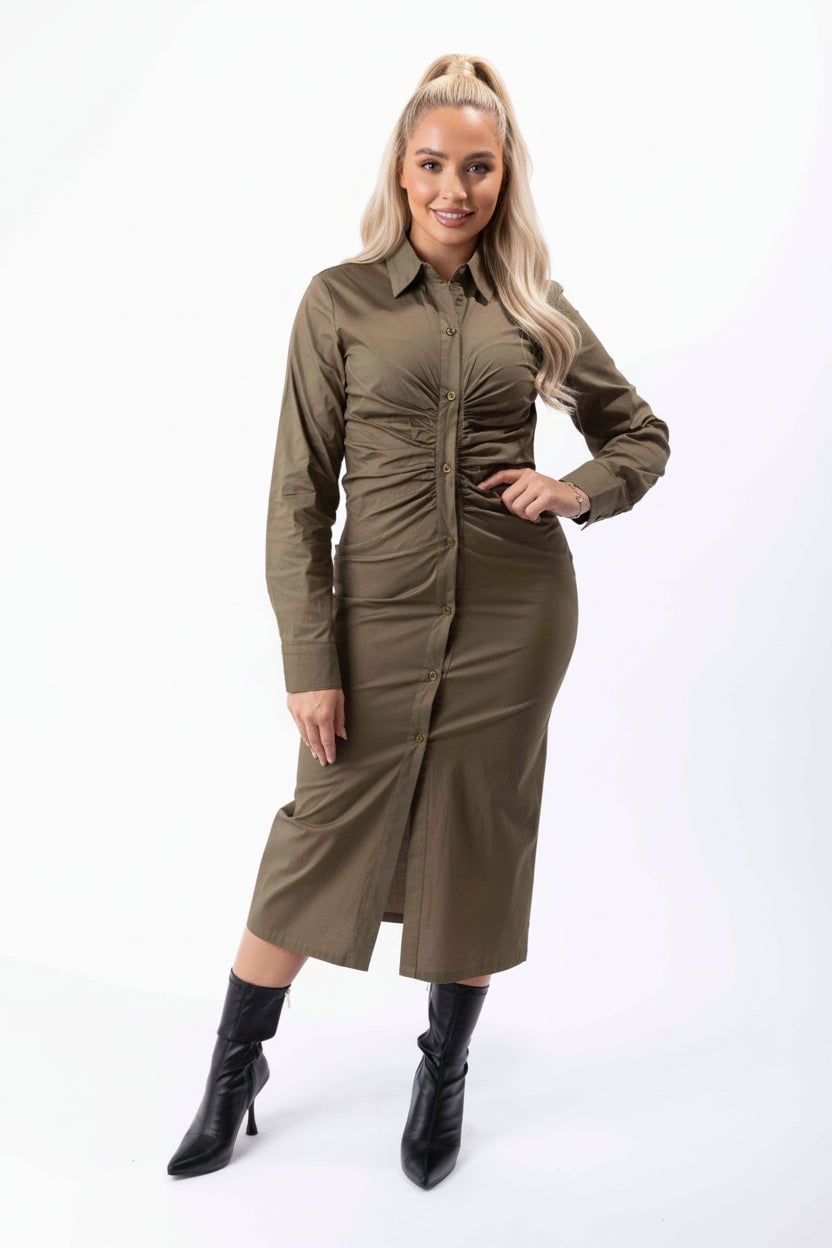 Olive Green Shirt Dress with Ruched Bodice — Classy Shirt Dresses