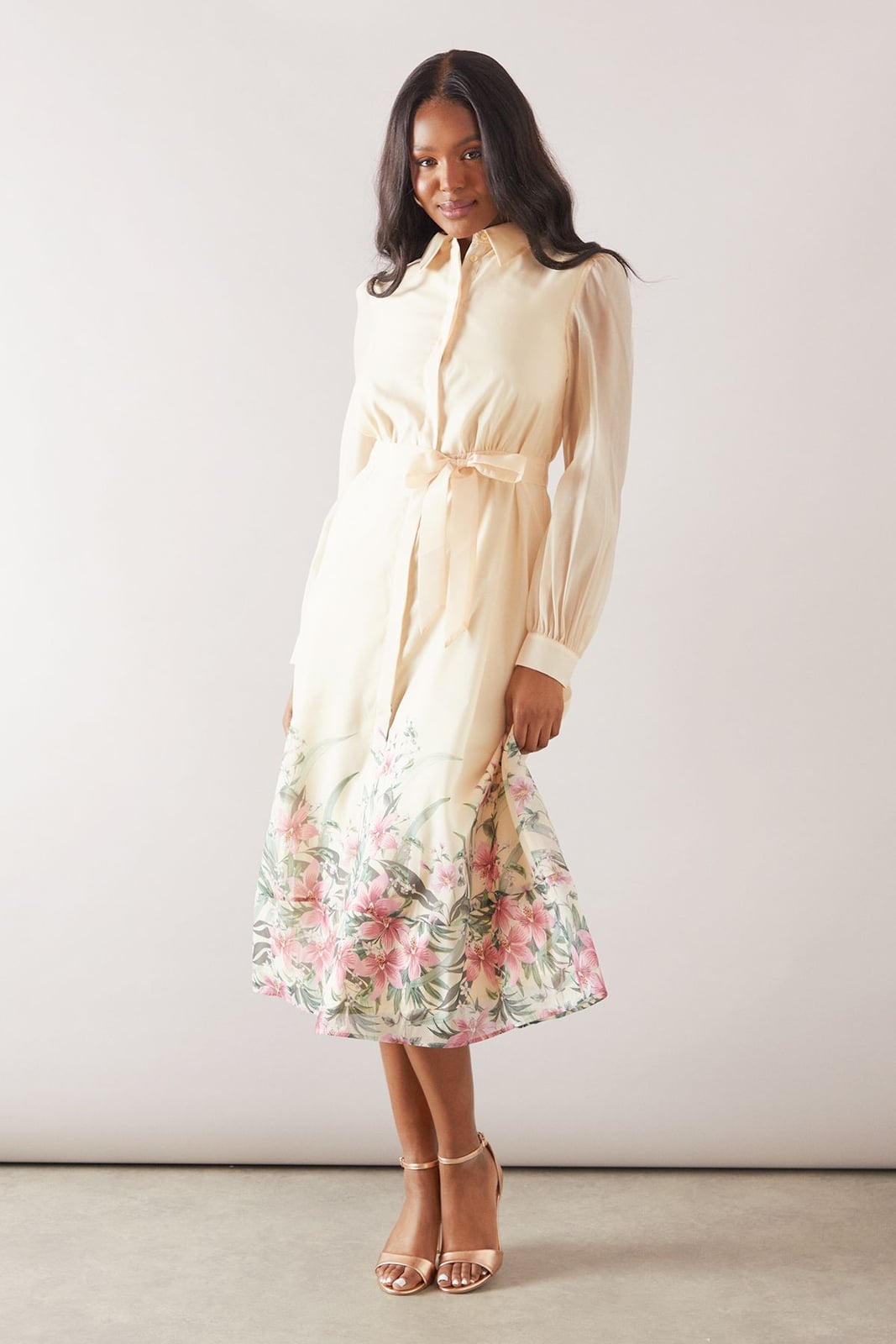Cream Shirt Dress with Sheer Sleeves and Floral Hem — Classy Shirt Dresses