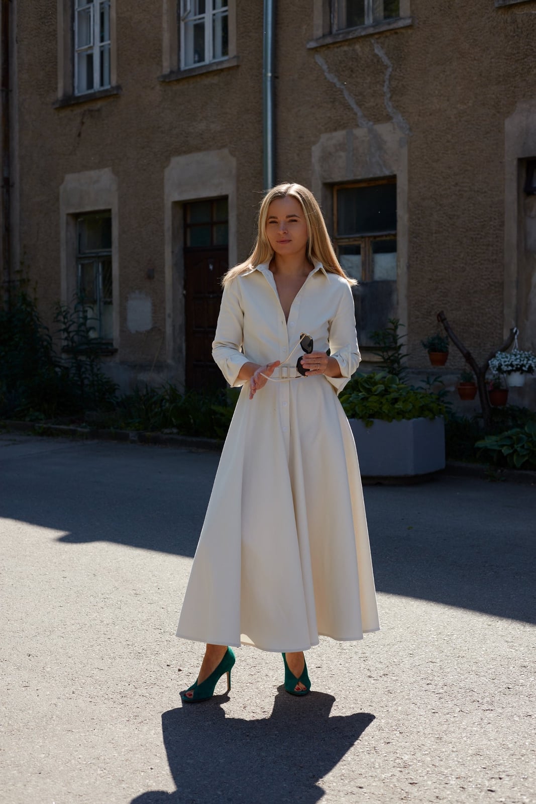 Cream Shirt Dress with Full Skirt and Green Heels — Classy Shirt Dresses