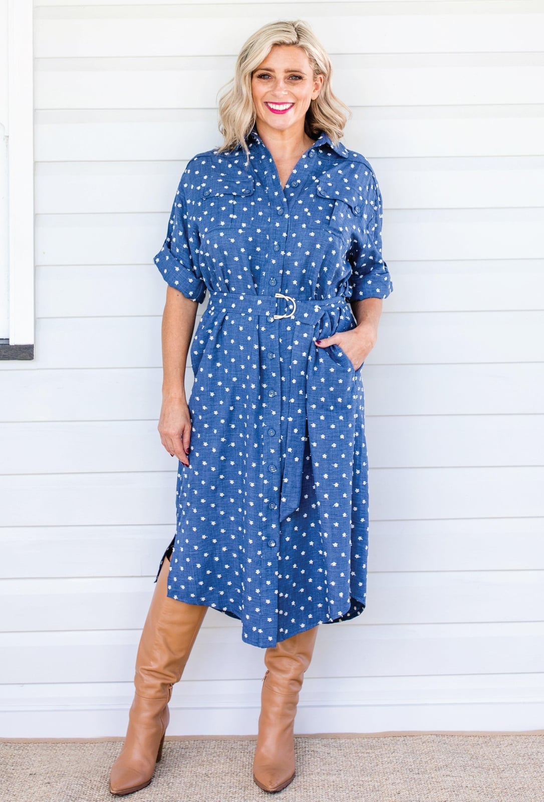 Blue Denim Shirt Dress with White Star Print — Classy Shirt Dresses