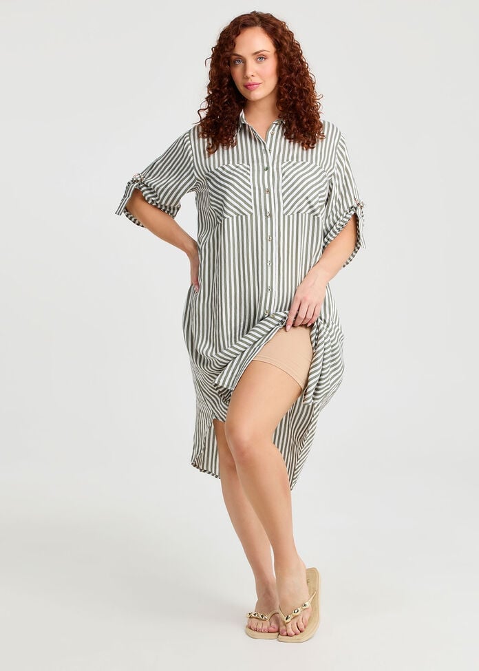 Green and White Striped Shirt Dress with Rolled Sleeves — Classy Shirt Dresses