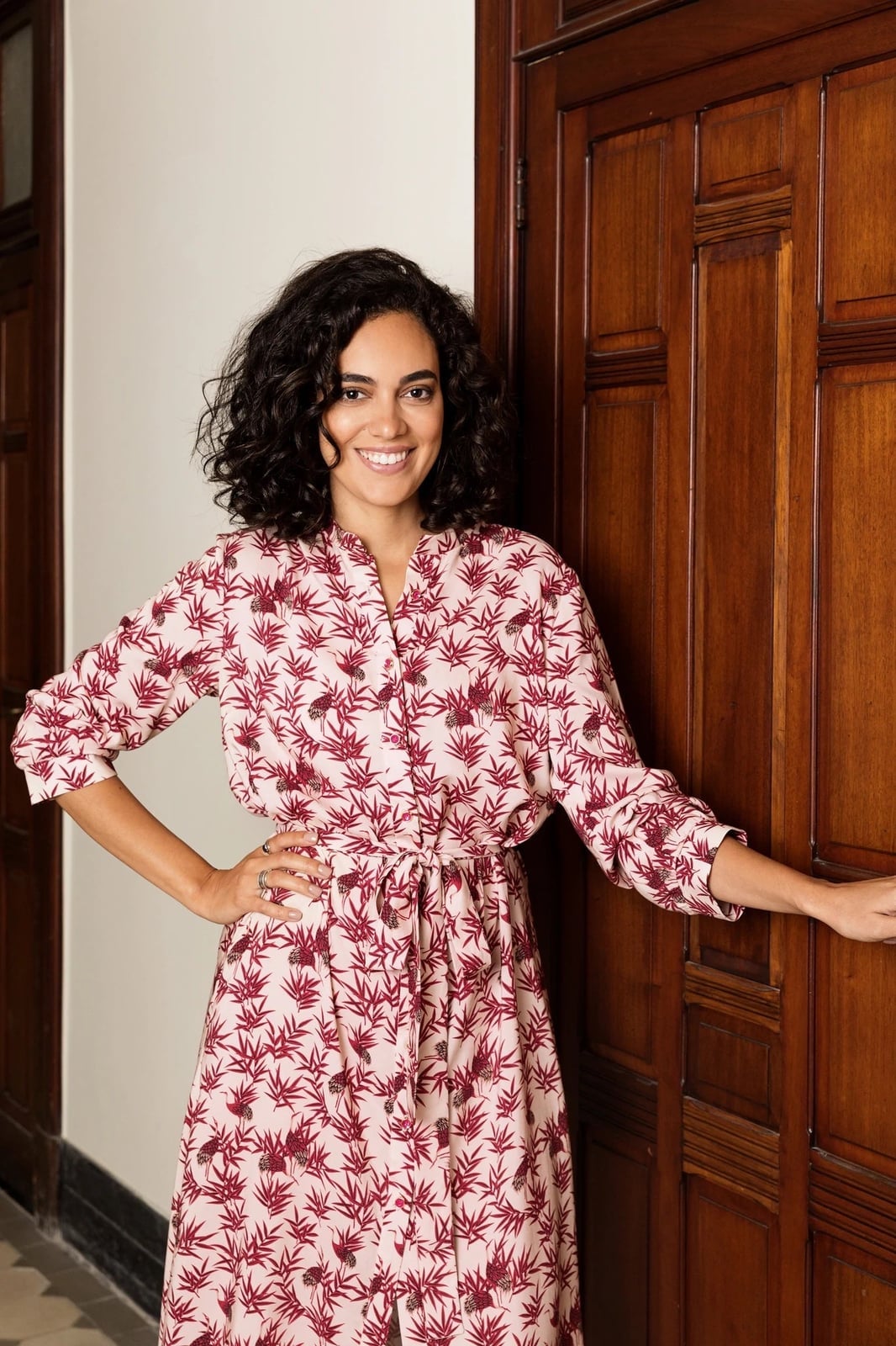 Pink Shirt Dress with Botanical Print and A-line Skirt — Classy Shirt Dresses