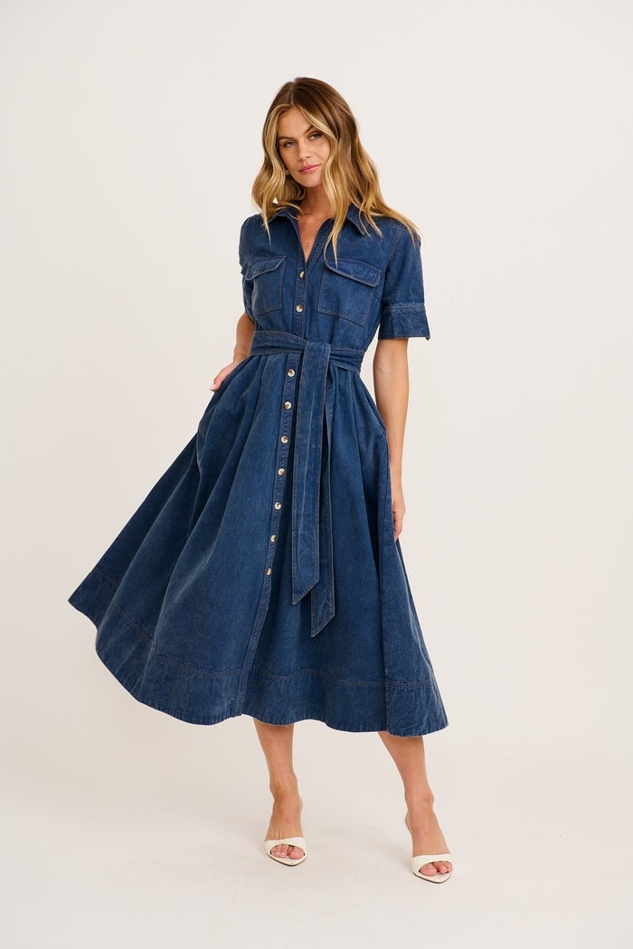 Blue Denim Shirt Dress with A-line Skirt — Classy Shirt Dresses