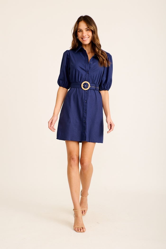 Dark Blue Shirt Dress with Wooden Buckle Belt — Classy Shirt Dresses