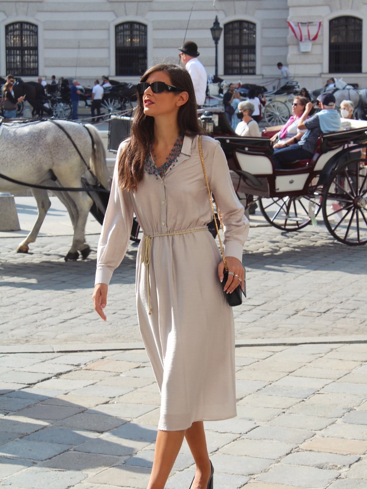 Beige Shirt Dress with Beaded Collar and Gold Belt — Classy Shirt Dresses