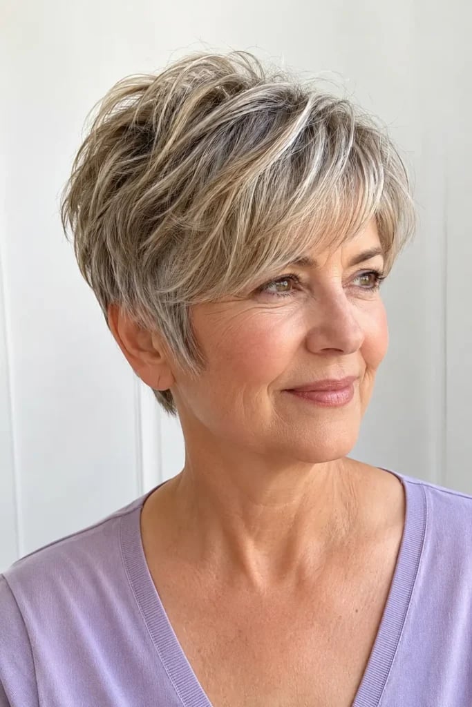 Textured Pixie With Grey Blonde Blend Textured Pixie With Grey Blonde Blend — Classy Short Haircuts