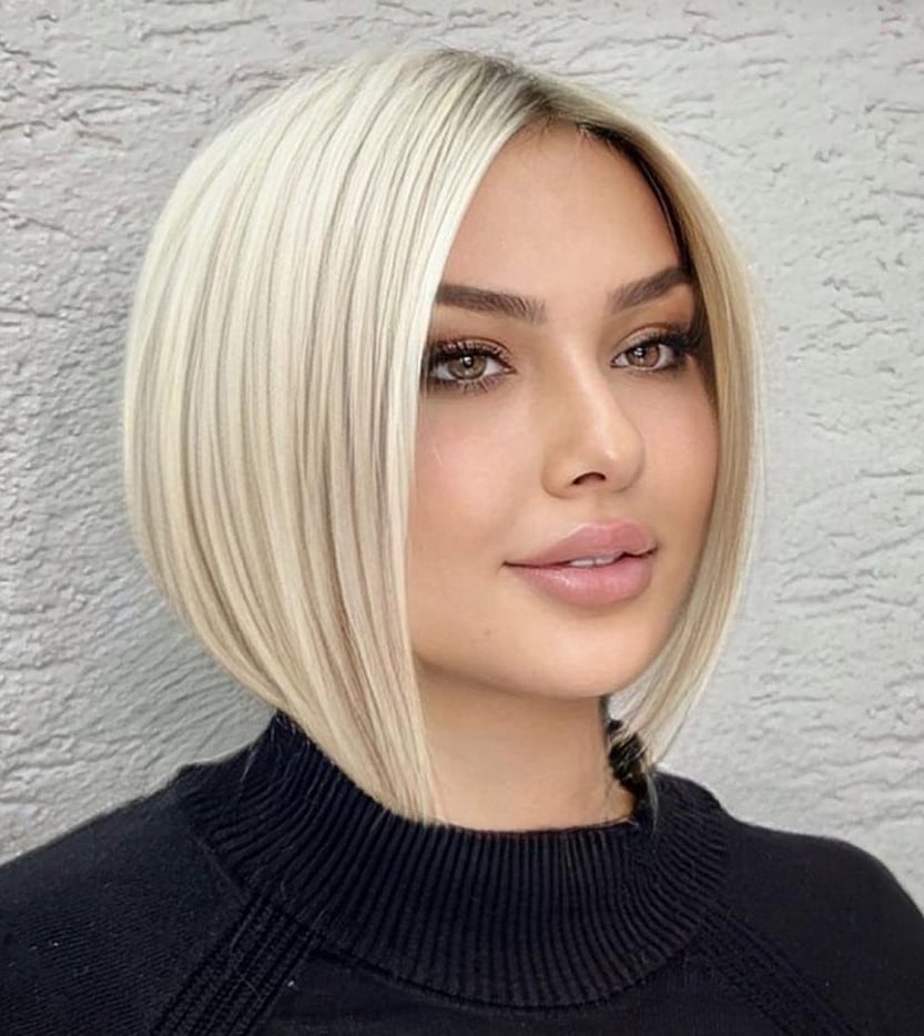 Asymmetrical Neutral Blonde Bob Blowout Asymmetrical Neutral Blonde Bob Blowout — Classy Short Haircuts for Round Faces