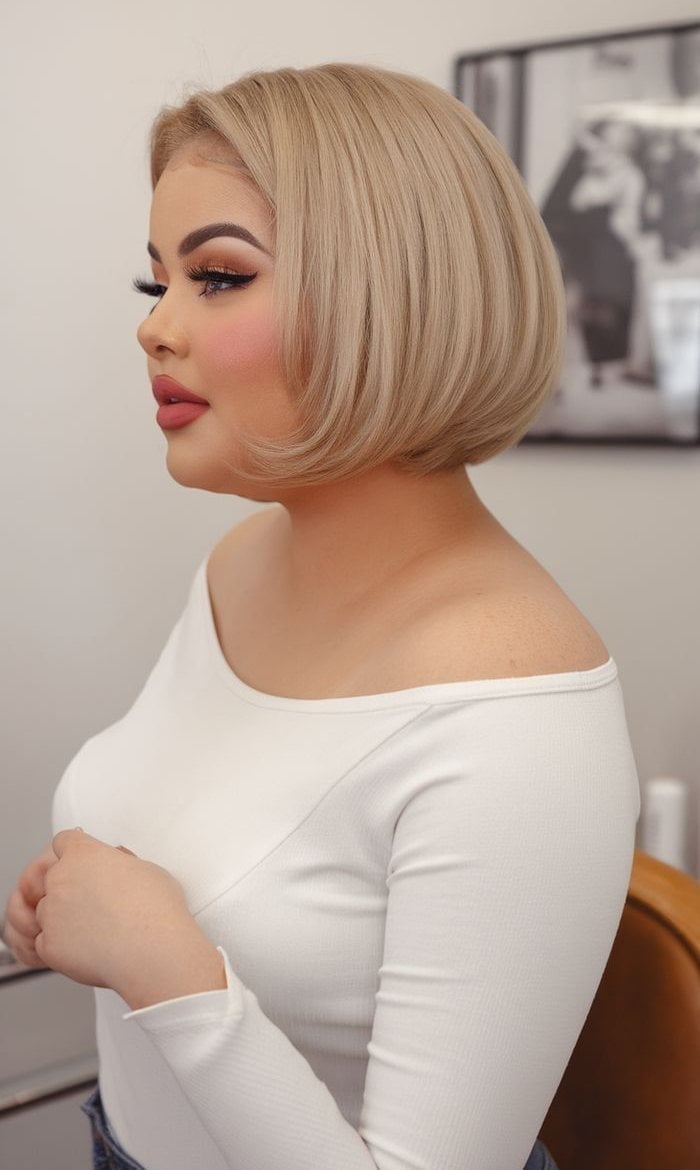 Sleek Angled Chin Length Bob Sleek Angled Chin Length Bob — Classy Short Haircuts for Round Faces