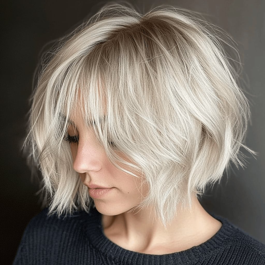 Chin Length Ash Blonde Shag With Wispy Bangs Chin Length Ash Blonde Shag With Wispy Bangs — Classy Short Shaggy Haircut