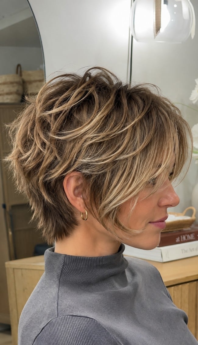 Ash Blonde Bixie Shag With Curtain Bangs Ash Blonde Bixie Shag With Curtain Bangs — Classy Short Shaggy Haircut