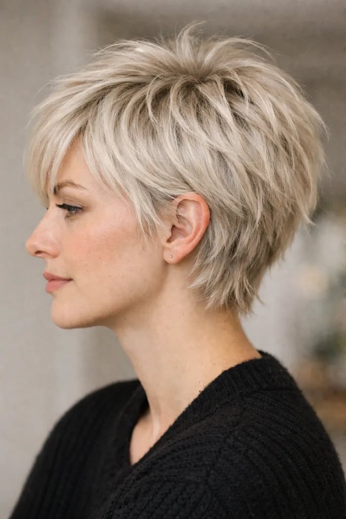 Sharp Pixie Shag With Side-Swept Fringe Sharp Pixie Shag With Side-Swept Fringe — Classy Short Shaggy Haircut