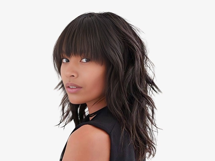 Shoulder Length Dark Wolf Cut With Blunt Bangs — Classy Short Wolf Cut