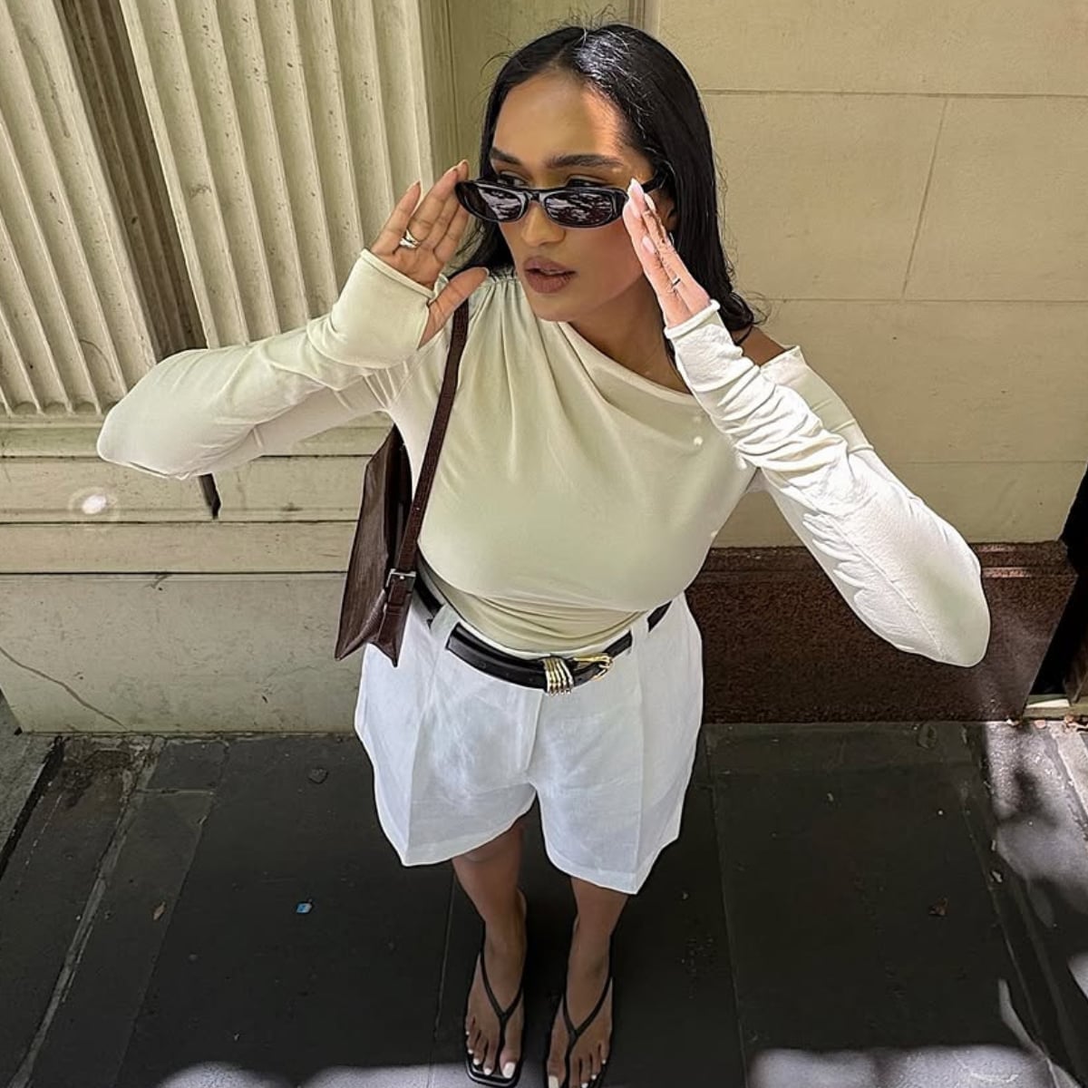 White Tailored Shorts with an Off-The-Shoulder Top White Tailored Shorts with an Off-The-Shoulder Top — Classy Shorts Outfits