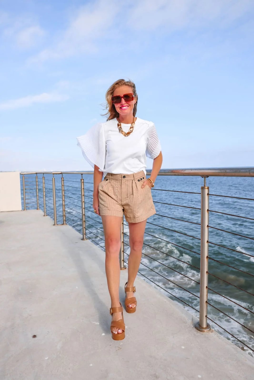 Tan Textured High-Waisted Shorts with a Pleated Sleeve Top Tan Textured High-Waisted Shorts with a Pleated Sleeve Top — Classy Shorts Outfits