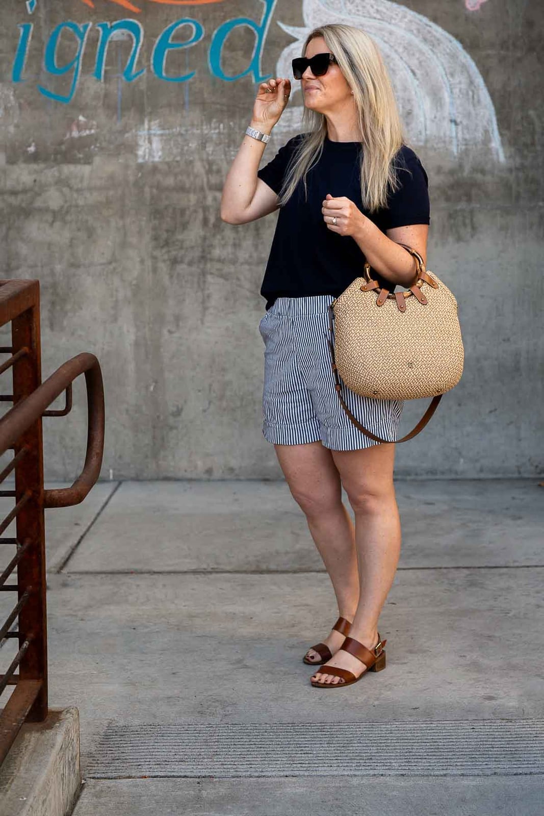 Navy and White Striped Shorts with a Navy T-Shirt Navy and White Striped Shorts with a Navy T-Shirt — Classy Shorts Outfits
