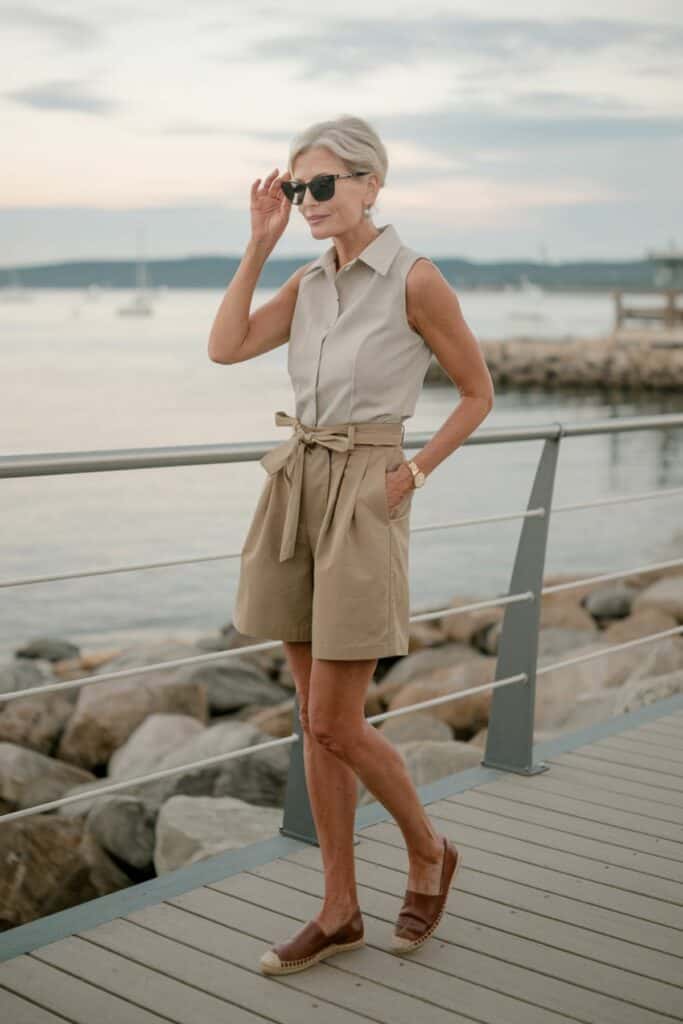 Tan Paperbag Waist Shorts with a Sleeveless Collared Shirt Tan Paperbag Waist Shorts with a Sleeveless Collared Shirt — Classy Shorts Outfits