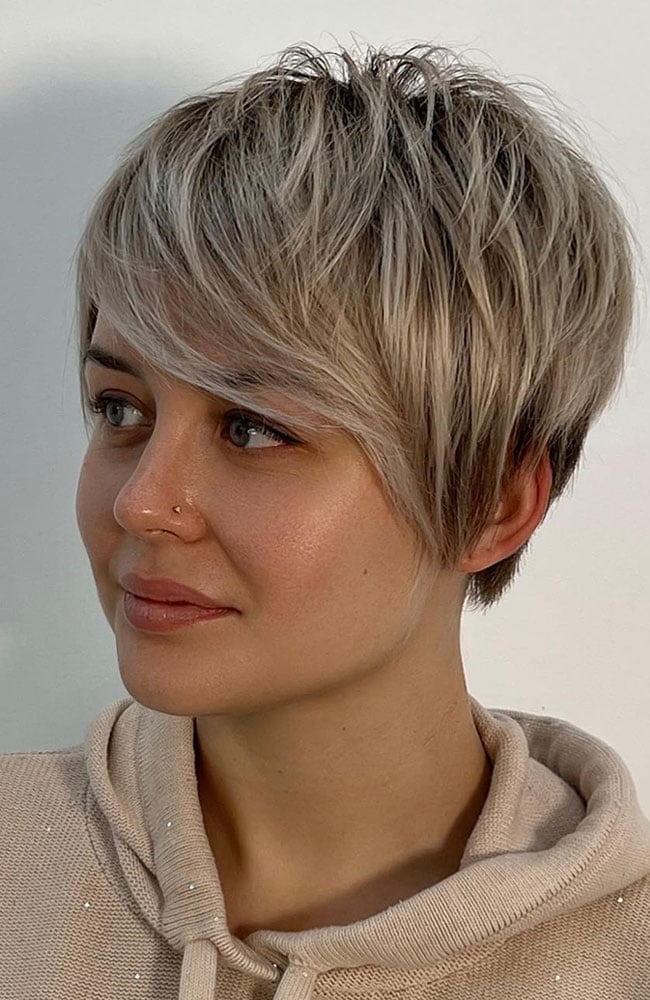 Textured Pixie With Ash Blonde Side Bangs Textured Pixie With Ash Blonde Side Bangs — Classy Side Bangs