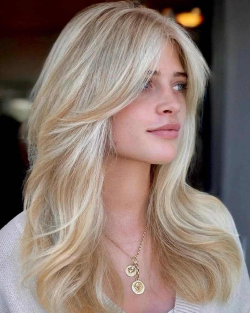 Mid-Back Platinum Blonde With Curtain Bangs Mid-Back Platinum Blonde With Curtain Bangs — Classy Side Bangs
