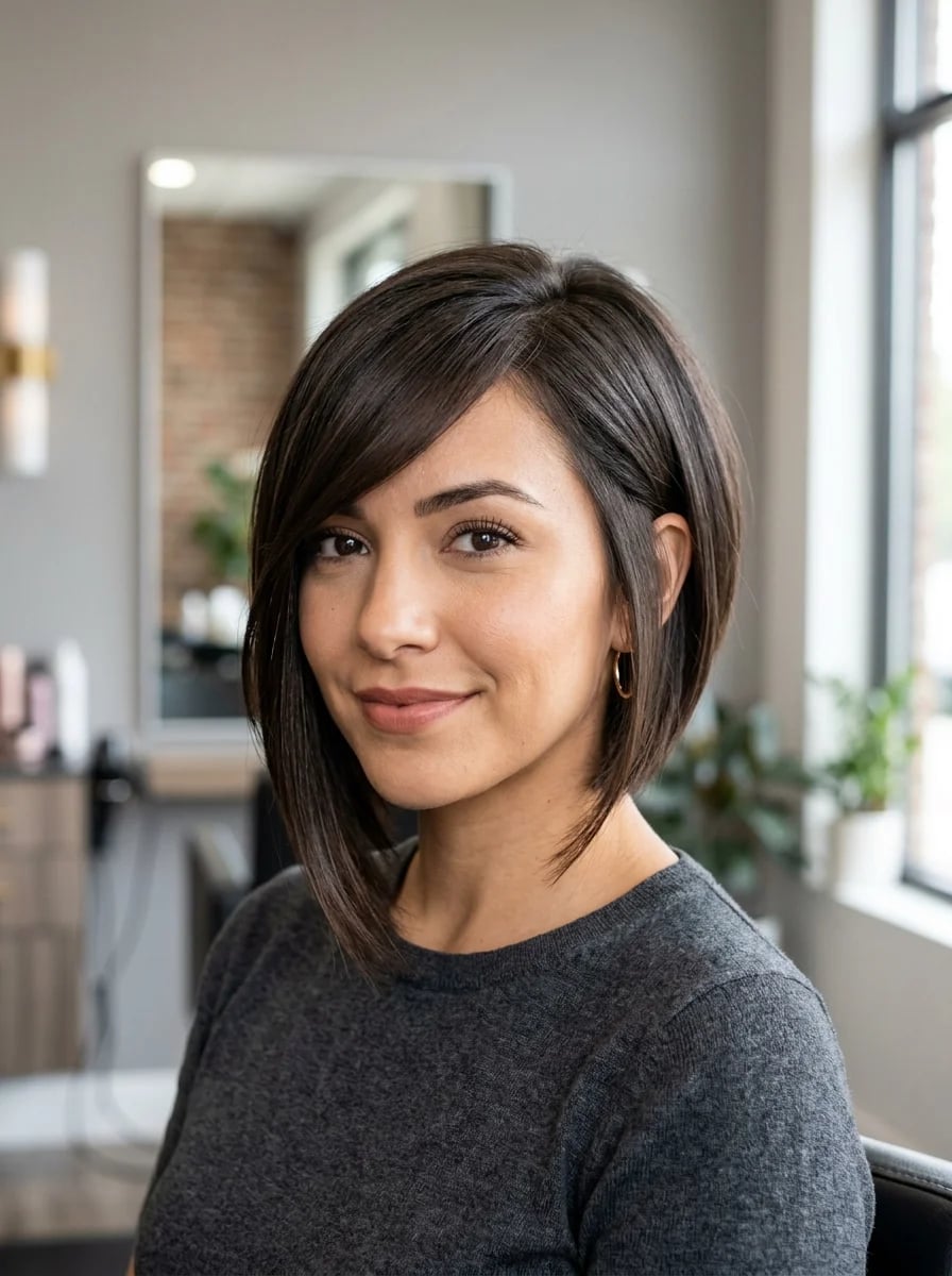 Dark Brown Angled Bob With Side Bangs Dark Brown Angled Bob With Side Bangs — Classy Side Bangs Hairstyles