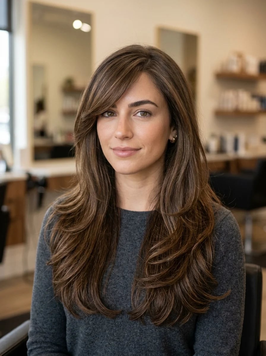 Collarbone Waves With Wispy Side Bangs and Long Layers Collarbone Waves With Wispy Side Bangs and Long Layers — Classy Side Bangs Hairstyles