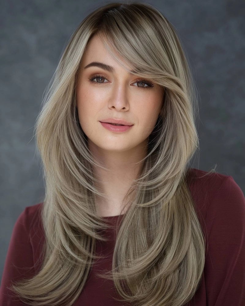 Ash Blonde Mid-Back Waves With Swept Bangs Ash Blonde Mid-Back Waves With Swept Bangs — Classy Side Bangs Hairstyles