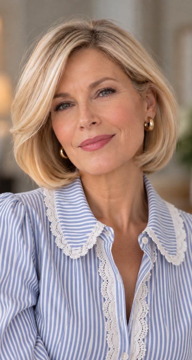 Blonde Chin Length Bob With Side Swept Bangs Blonde Chin Length Bob With Side Swept Bangs — Classy Side Part Bangs
