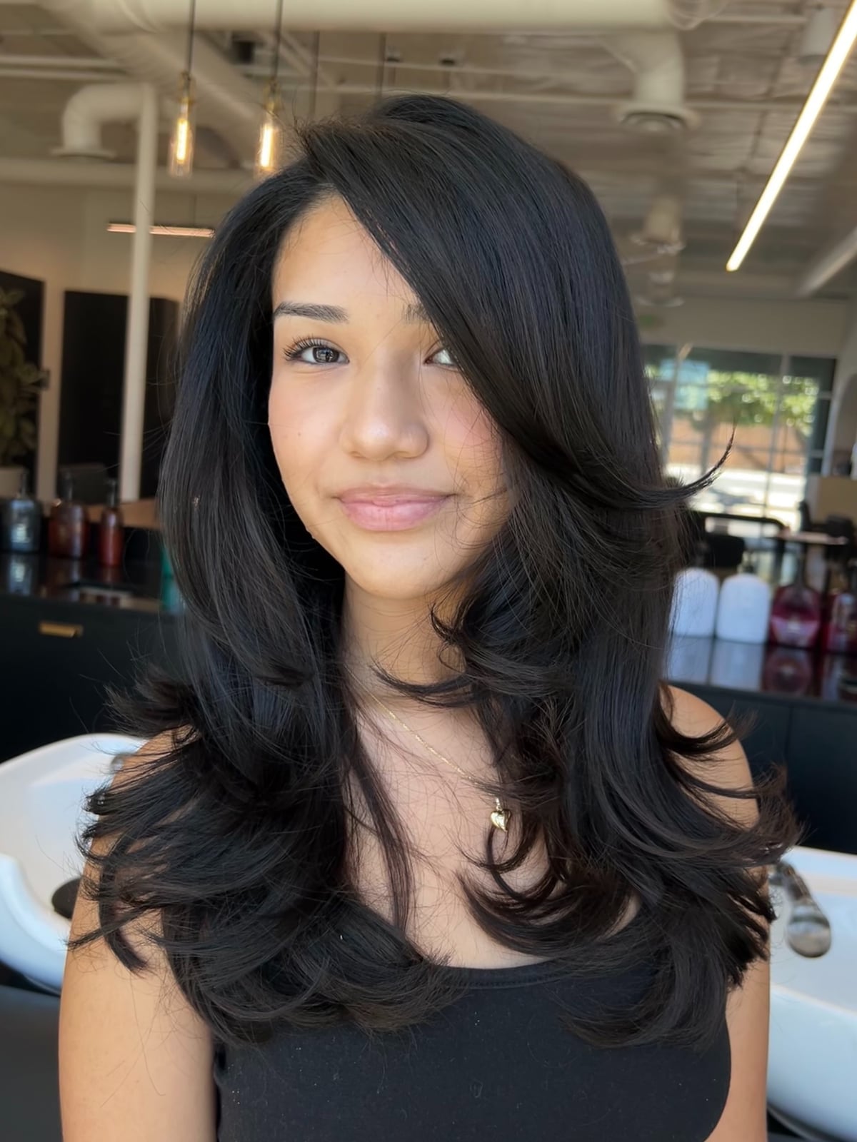 Dark Brown Long Layers With Side Swept Curtain Bangs Dark Brown Long Layers With Side Swept Curtain Bangs — Classy Side Part Bangs