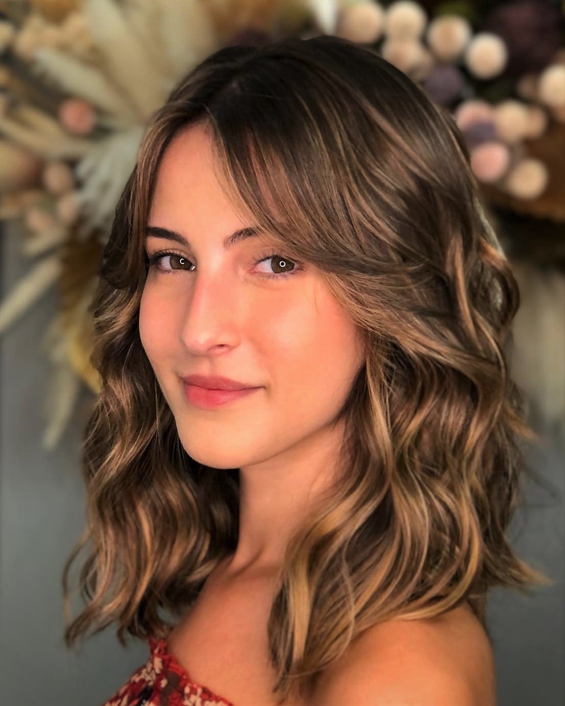 Brunette Collarbone Waves With Voluminous Side Bangs Brunette Collarbone Waves With Voluminous Side Bangs — Classy Side Part Bangs