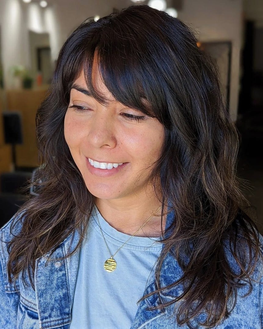 Shoulder Length Shag With Choppy Side Bangs Shoulder Length Shag With Choppy Side Bangs — Classy Side Part Bangs