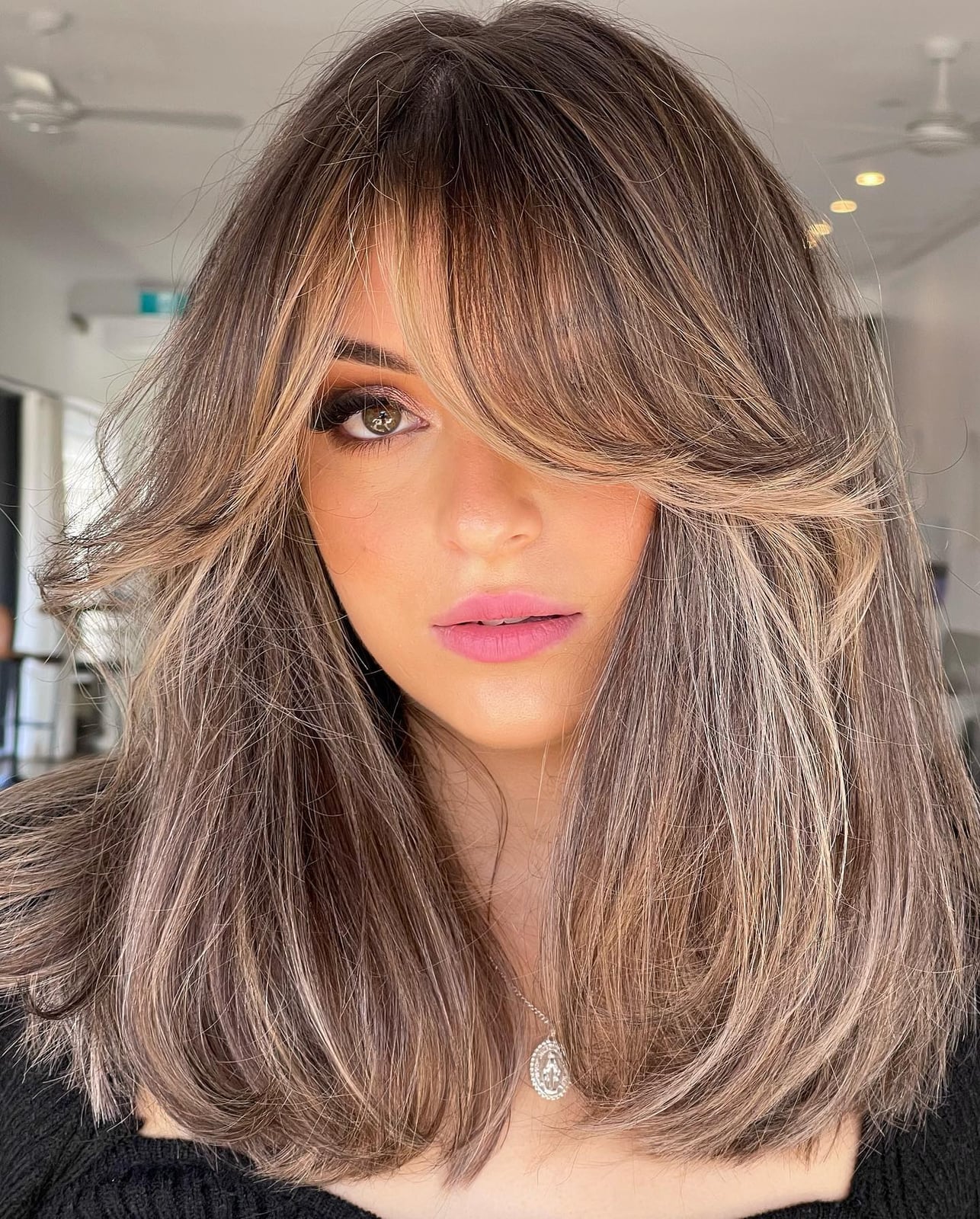 Brown Hair With Blonde Highlights And Curtain Bangs Brown Hair With Blonde Highlights And Curtain Bangs — Classy Side Part Bangs