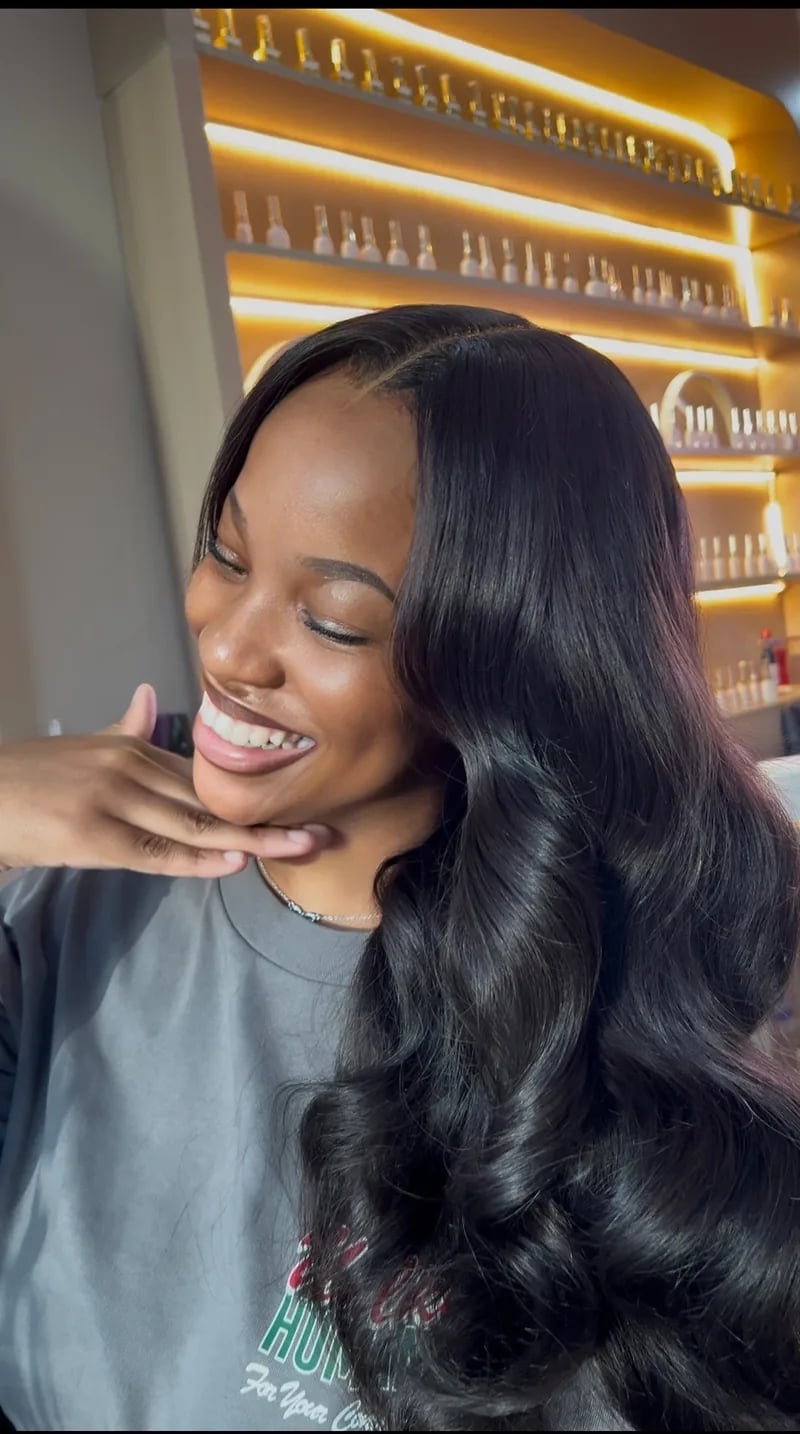 Mid-Back Waves Dark Brown Highlights Blowout With Side Swept — Classy Silk Press Hairstyles