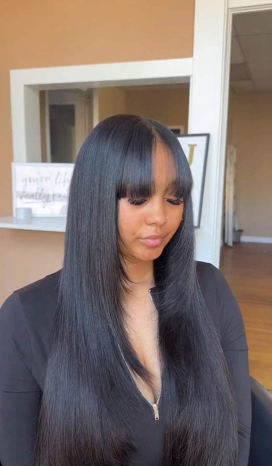 Long Black Hair Blunt Bangs Silk Press — Classy Silk Press Hairstyles