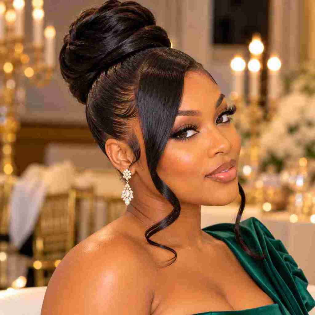 Elegant Black Updo Side-Swept Bangs — Classy Silk Press Hairstyles