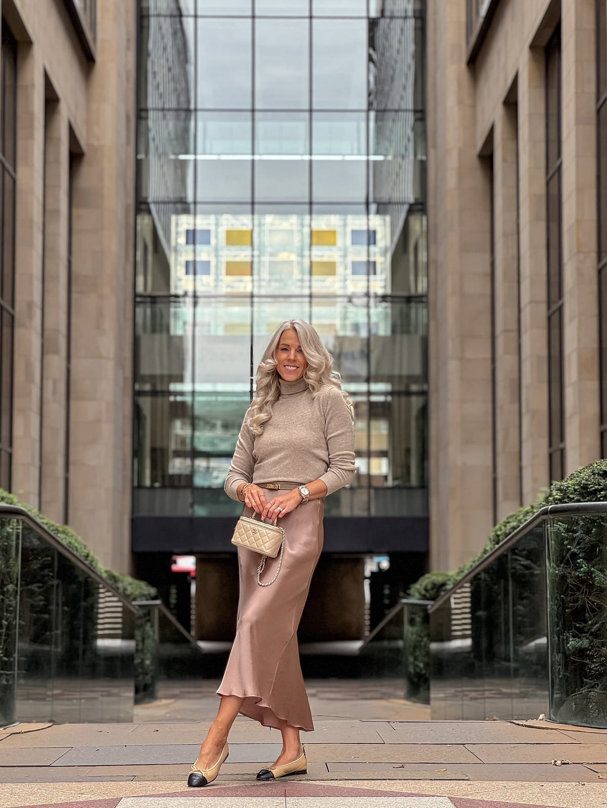 Taupe Satin Slip Skirt with a Beige Turtleneck Sweater Taupe Satin Slip Skirt with a Beige Turtleneck Sweater — Classy Silk Skirt Outfit