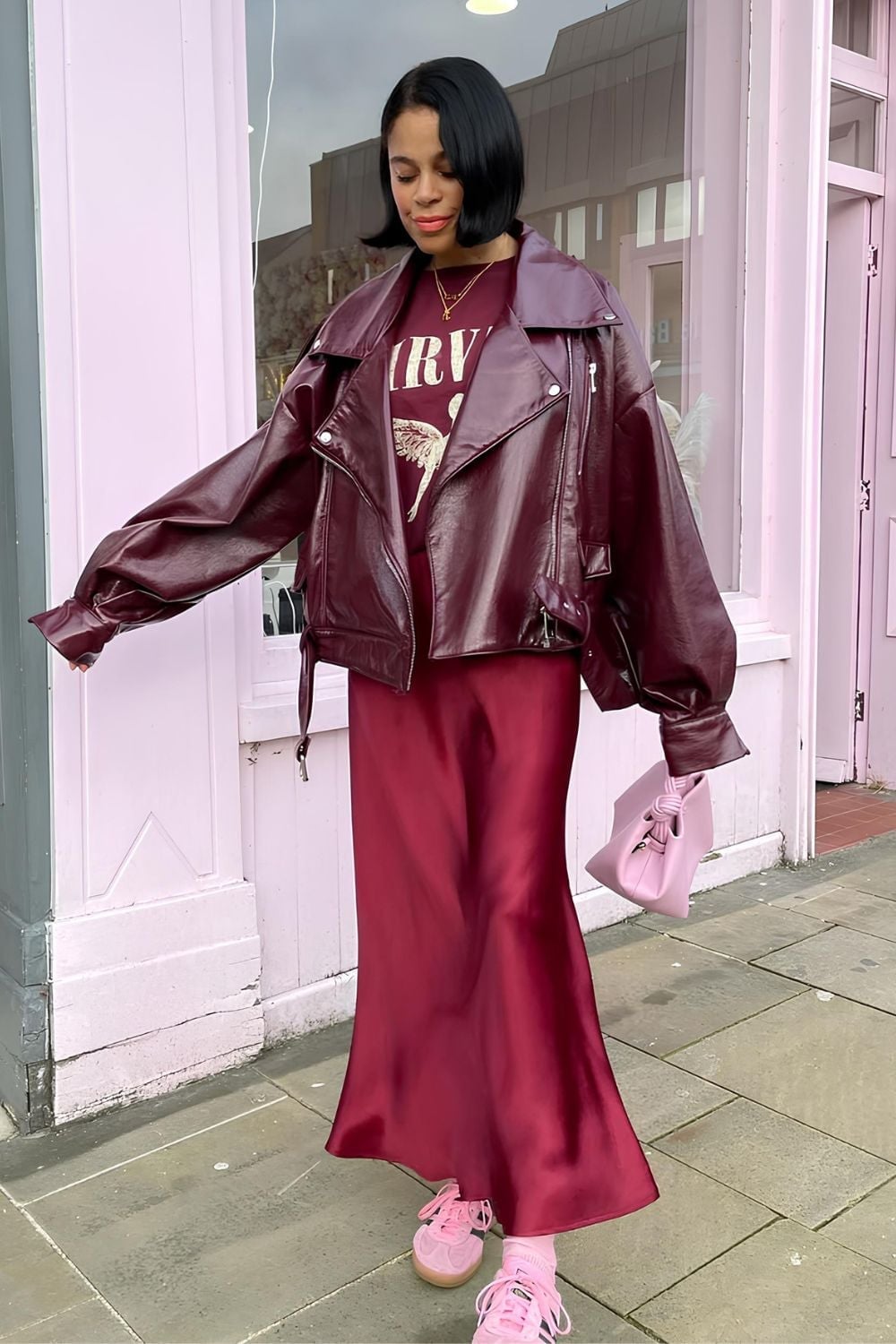 Burgundy Satin Maxi Skirt with a Graphic T-Shirt and Leather Jacket Burgundy Satin Maxi Skirt with a Graphic T-Shirt and Leather Jacket — Classy Silk Skirt Outfit
