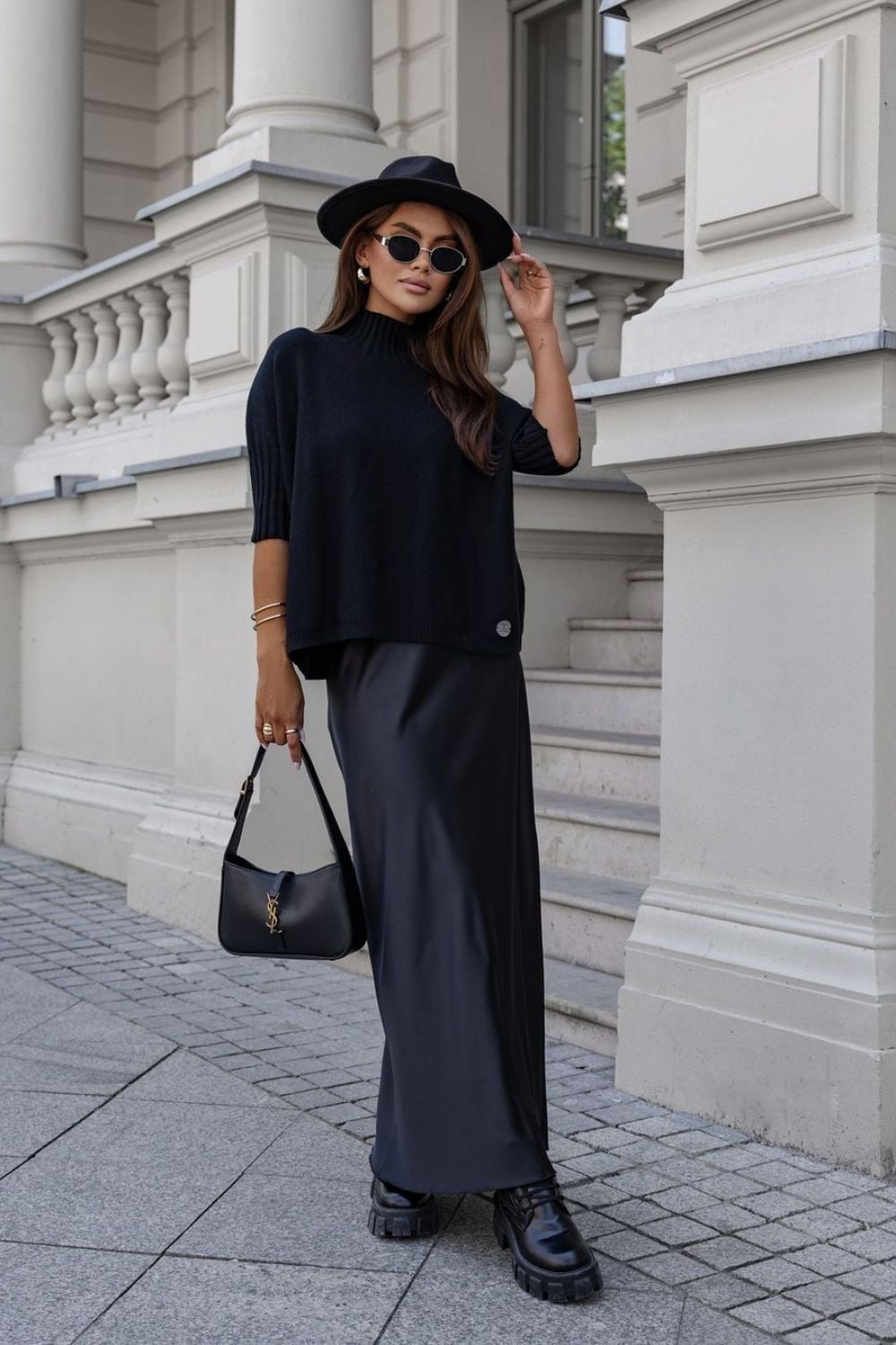 Black Silk Satin Maxi Skirt with a Black Turtleneck and Chunky Boots Black Silk Satin Maxi Skirt with a Black Turtleneck and Chunky Boots — Classy Silk Skirt Outfit