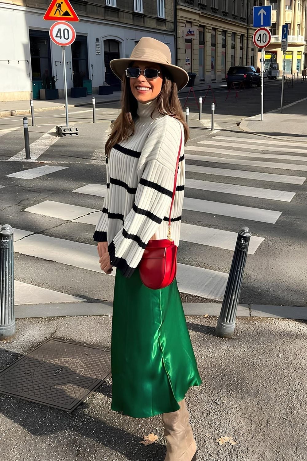 Green Silk A-line Skirt with a Striped Turtleneck Sweater Green Silk A-line Skirt with a Striped Turtleneck Sweater — Classy Silk Skirt Outfit