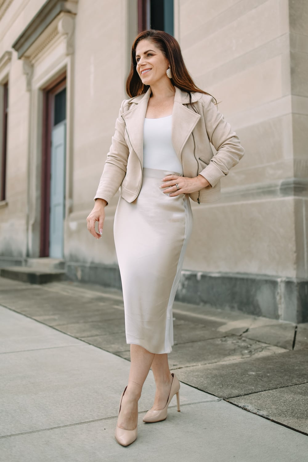Cream Satin Pencil Skirt with a White Tank and Suede Moto Jacket Cream Satin Pencil Skirt with a White Tank and Suede Moto Jacket — Classy Silk Skirt Outfit